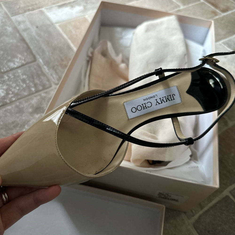 New In Box Jimmy Choo size 36 1/2 (size 6.5) Tan & Black Patent Leather